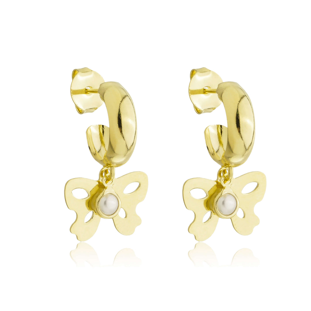 Brinco Argola Lisa com Pingente Borboleta Pérola dourado semijoia Work Semijoias