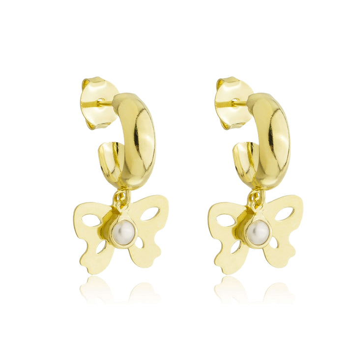Brinco Argola Lisa com Pingente Borboleta Pérola dourado semijoia Work Semijoias