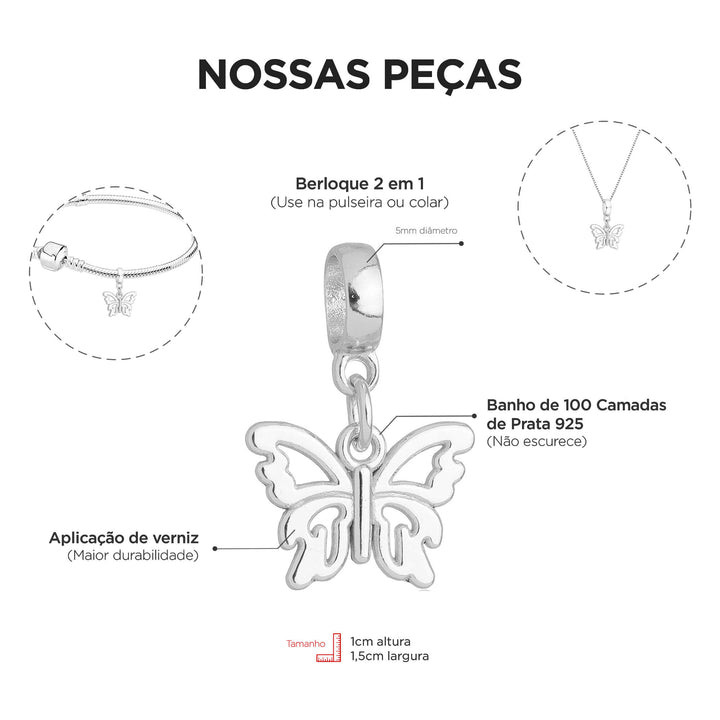 Berloque Borboleta prateado — ângulo lateral semijoia Work Semijoias