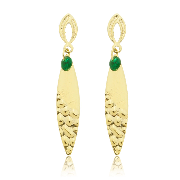 Brinco Gota Comprida Texturizada com Zircônia Verde dourado semijoia Work Semijoias