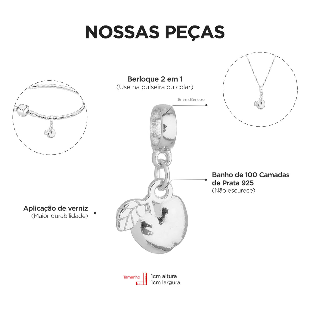 Berloque Maçã Fruta prateado — detalhe da peça Work Semijoias