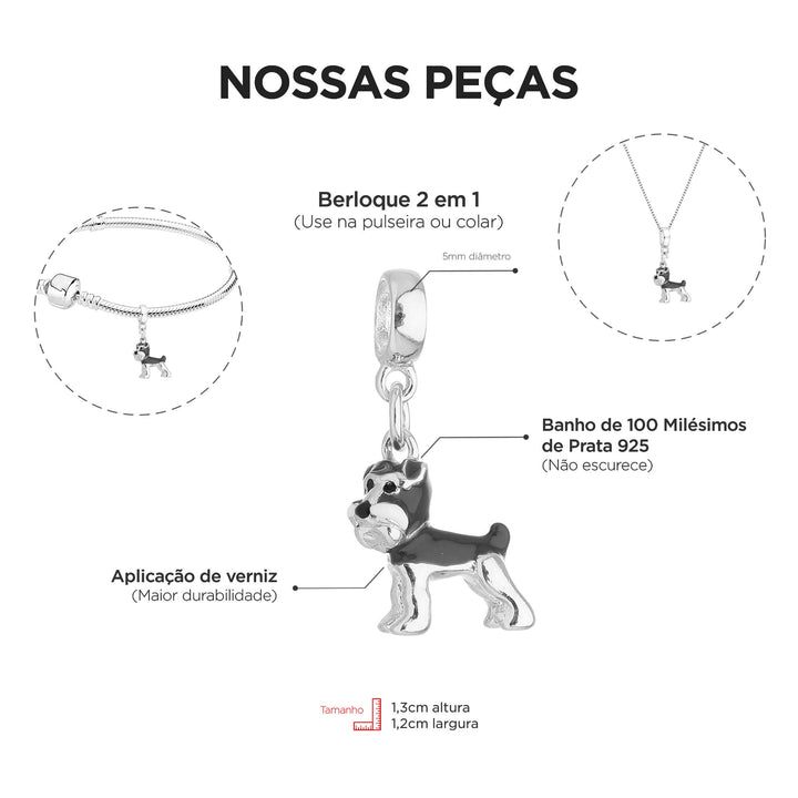 Berloque Schnauzer prateado — ângulo lateral semijoia Work Semijoias