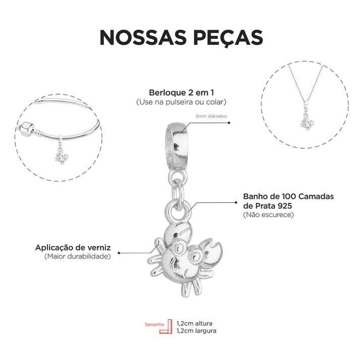 Berloque Caranguejo Siri prateado — ângulo lateral semijoia Work Semijoias