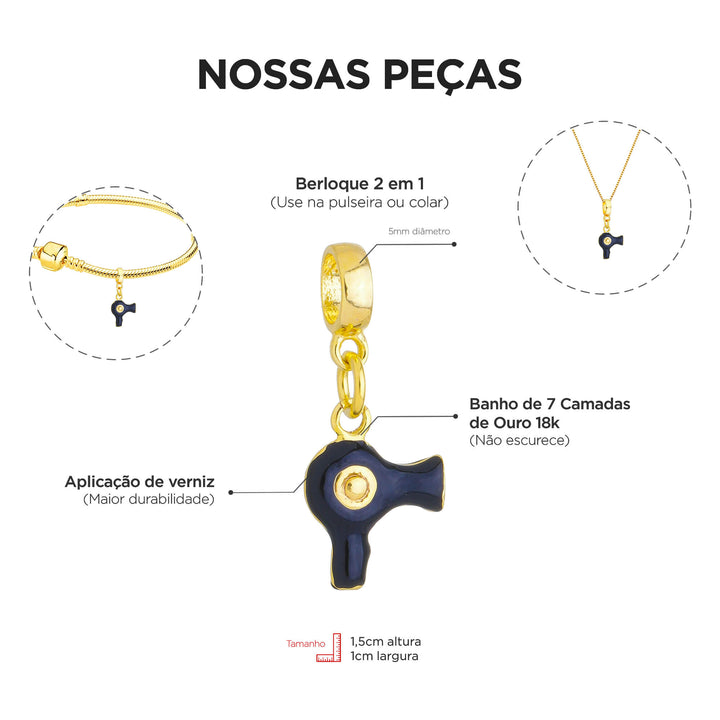 Berloque Secador Cabelo dourado — ângulo lateral semijoia Work Semijoias