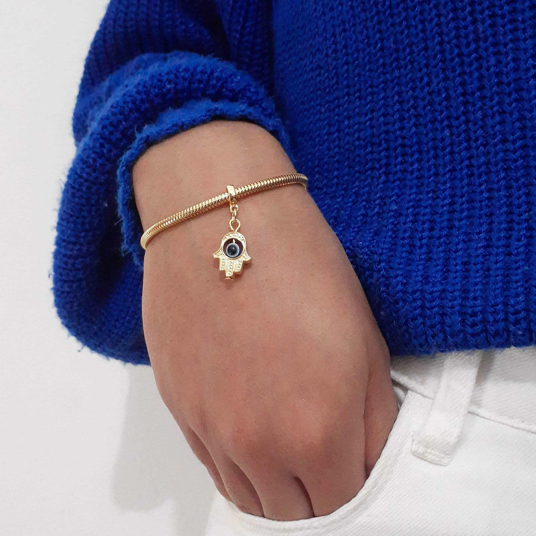 Pulseira Mão Hamsá Olho Grego Berloque Banhado a Ouro 18k