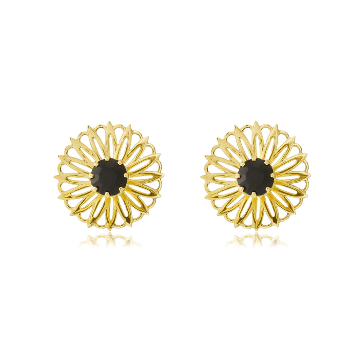 Brinco Flor com Pedra Zircônia Preta dourado semijoia Work Semijoias