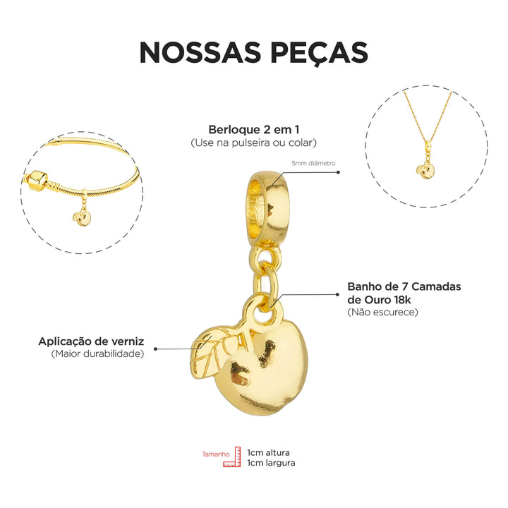 Berloque Maçã Fruta dourado — ângulo lateral semijoia Work Semijoias