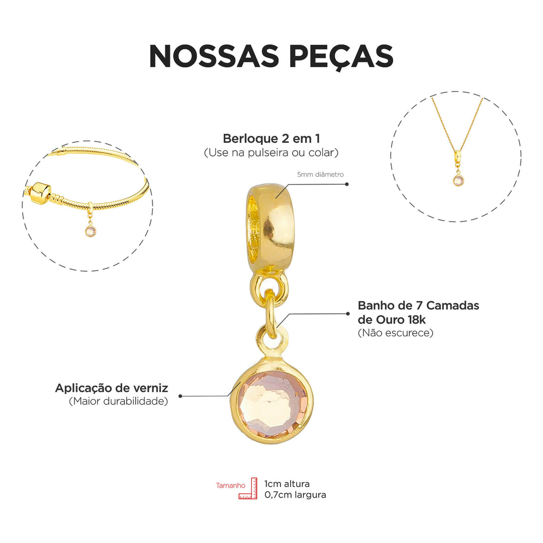 Berloque Cristal Rosa Claro dourado — detalhe da peça Work Semijoias