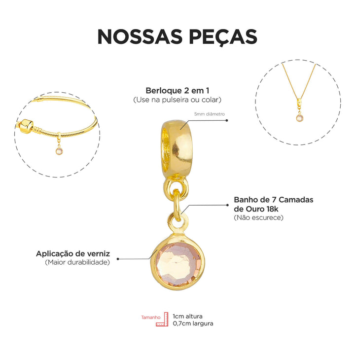 Berloque Cristal Rosa Claro dourado — detalhe da peça Work Semijoias
