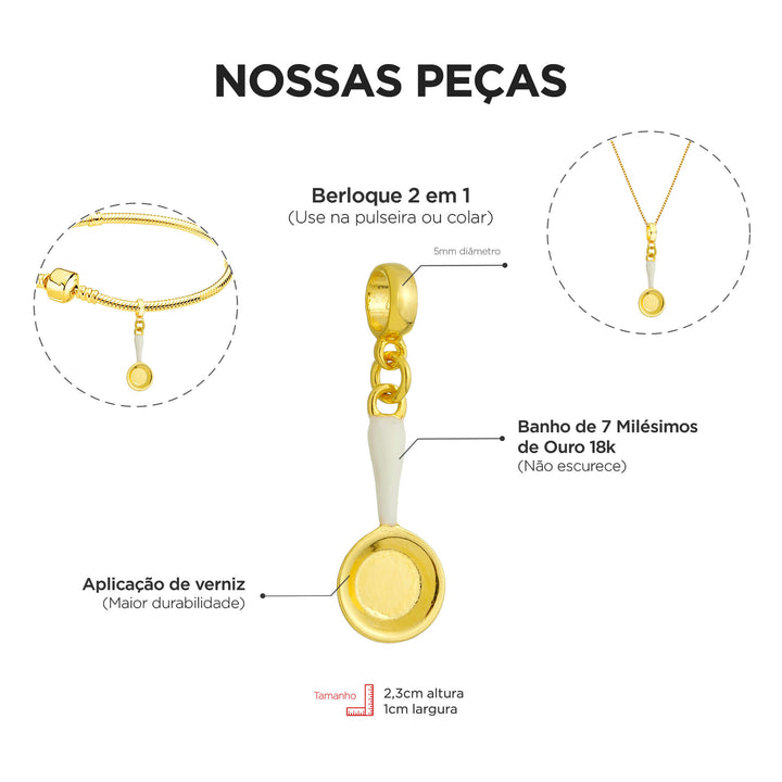Berloque Frigideira Gastronomia dourado — detalhe da peça Work Semijoias