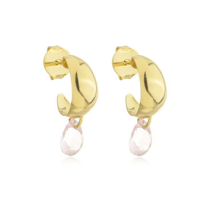 Brinco Meia Argolinha Grossa com Pingente Gota Zircônia Rosa dourado semijoia Work Semijoias