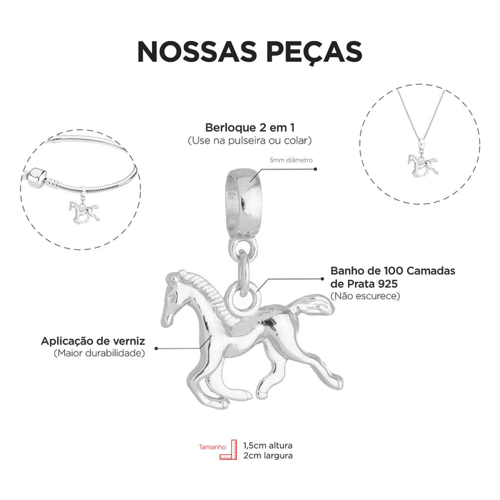 Berloque Cavalo prateado — ângulo lateral semijoia Work Semijoias