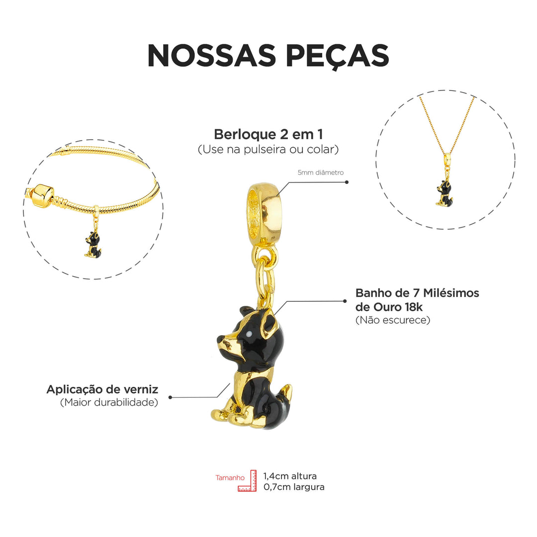 Berloque Border Collie dourado — close-up argola Work Semijoias