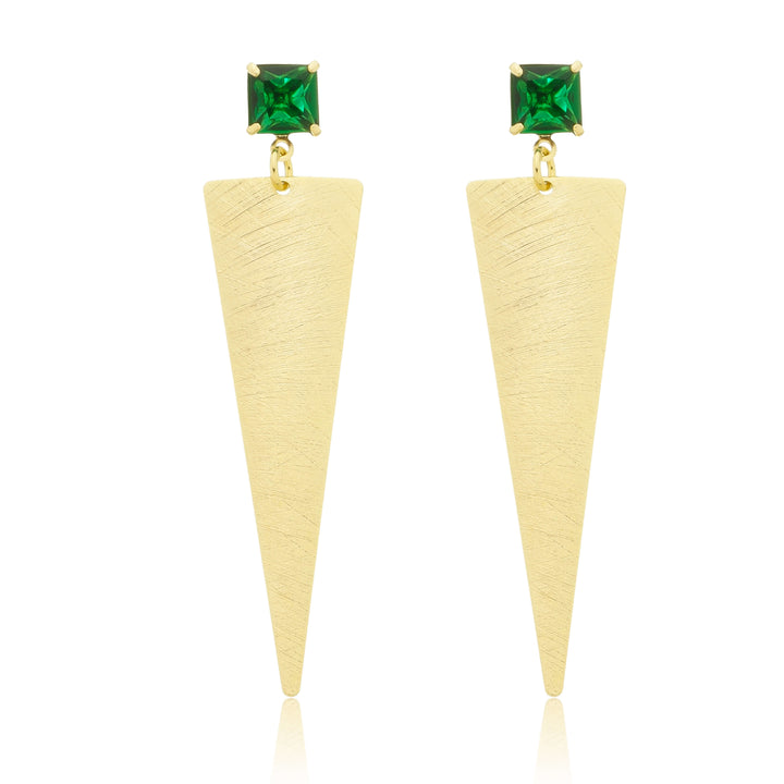 Brinco Triângulo Fosco com Pedra Zircônia Verde Esmeralda dourado semijoia Work Semijoias
