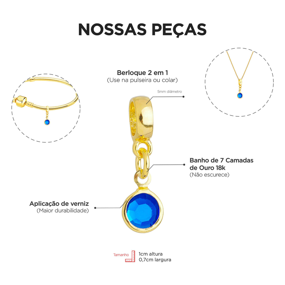 Berloque Cristal Azul dourado — detalhe da peça Work Semijoias