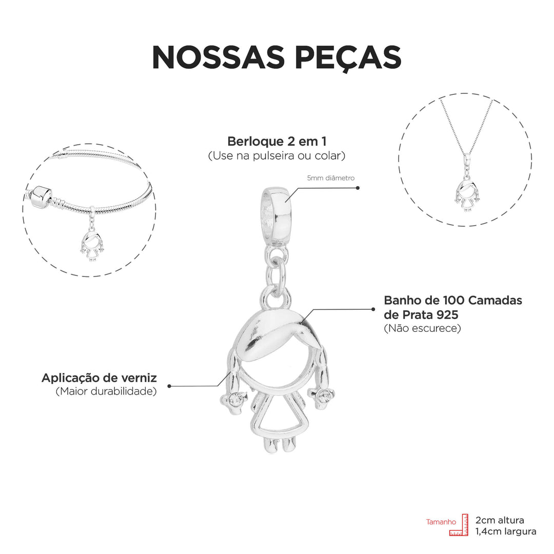 Colar Pingente Menina e Ponto de Luz Banhado a Prata 925