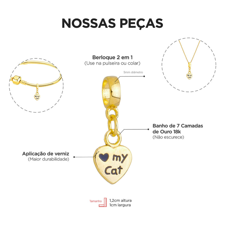 Berloque Coração Gato dourado — ângulo lateral semijoia Work Semijoias