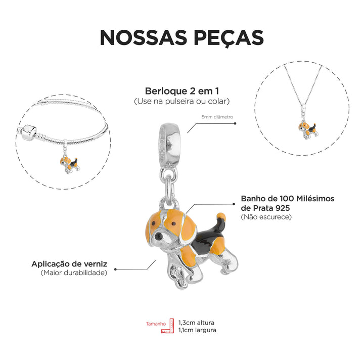 Berloque Beagle prateado — ângulo lateral semijoia Work Semijoias