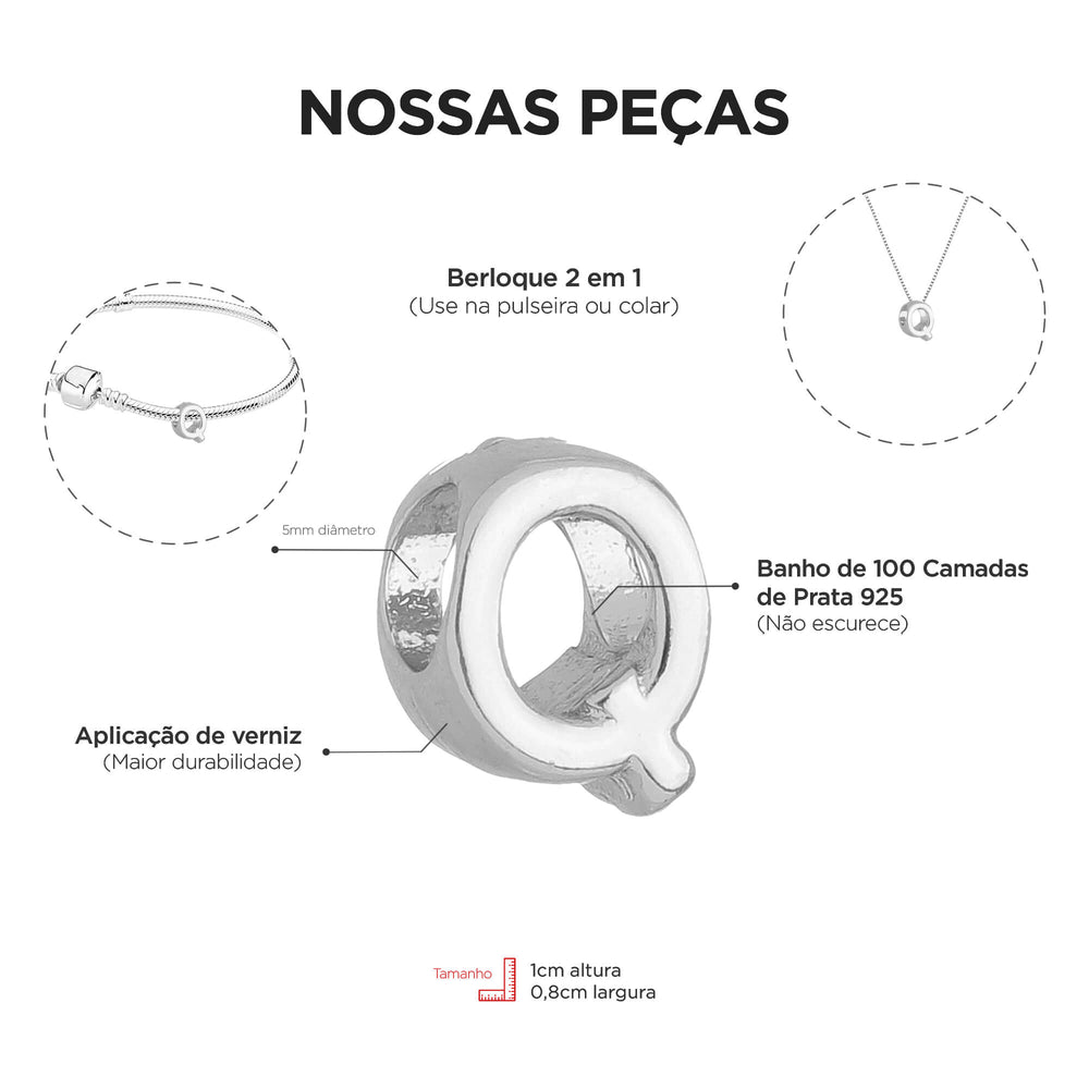 Berloque Letra Q separador prateado — detalhe da peça Work Semijoias