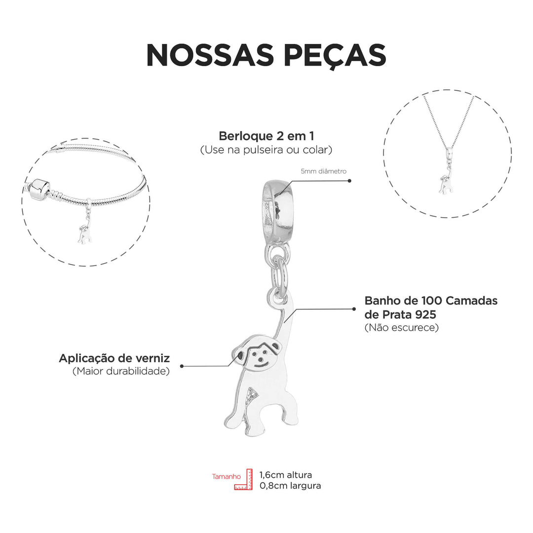Berloque Macaco prateado — detalhe da peça Work Semijoias