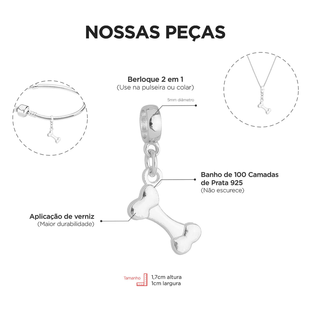 Berloque Osso de Cachorro prateado — detalhe da peça Work Semijoias