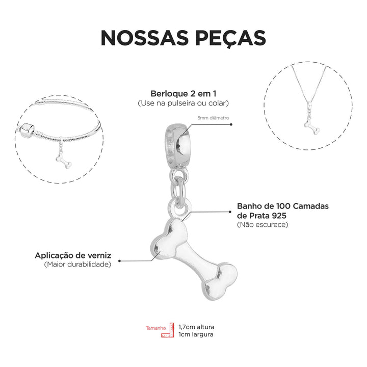 Berloque Osso de Cachorro prateado — detalhe da peça Work Semijoias