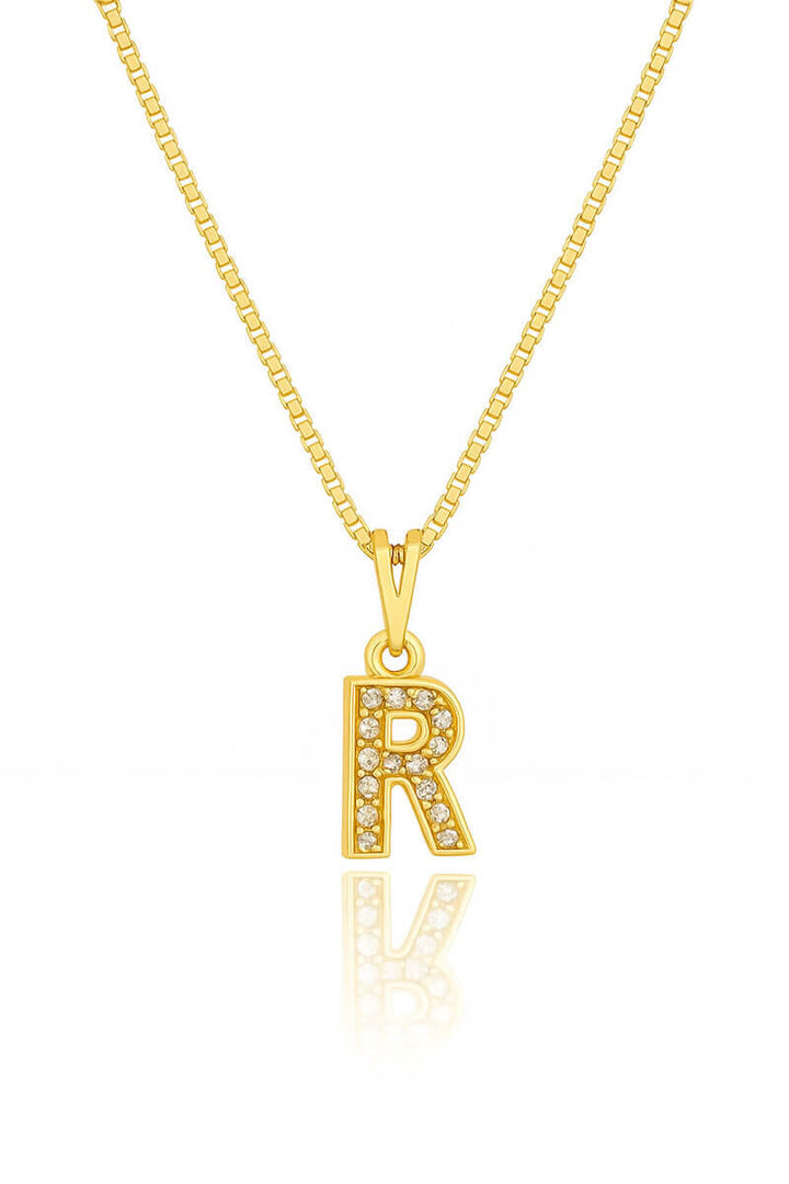 Colar Pingente Letra R Cravejado Banhado a Ouro 18k