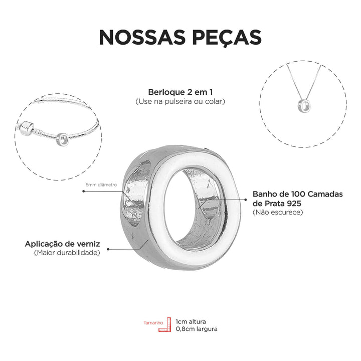 Berloque Letra O separador prateado — detalhe da peça Work Semijoias
