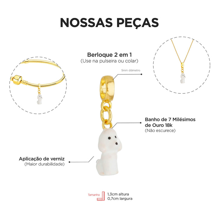 Berloque Poodle dourado — close-up argola Work Semijoias