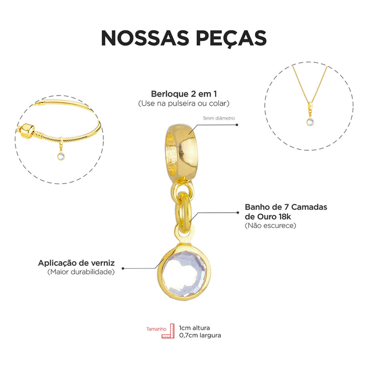 Berloque Cristal Transparente dourado — detalhe da peça Work Semijoias
