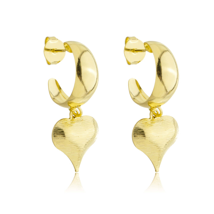 Brinco Argola Lisa Pingente Coração Texturizado dourado semijoia Work Semijoias