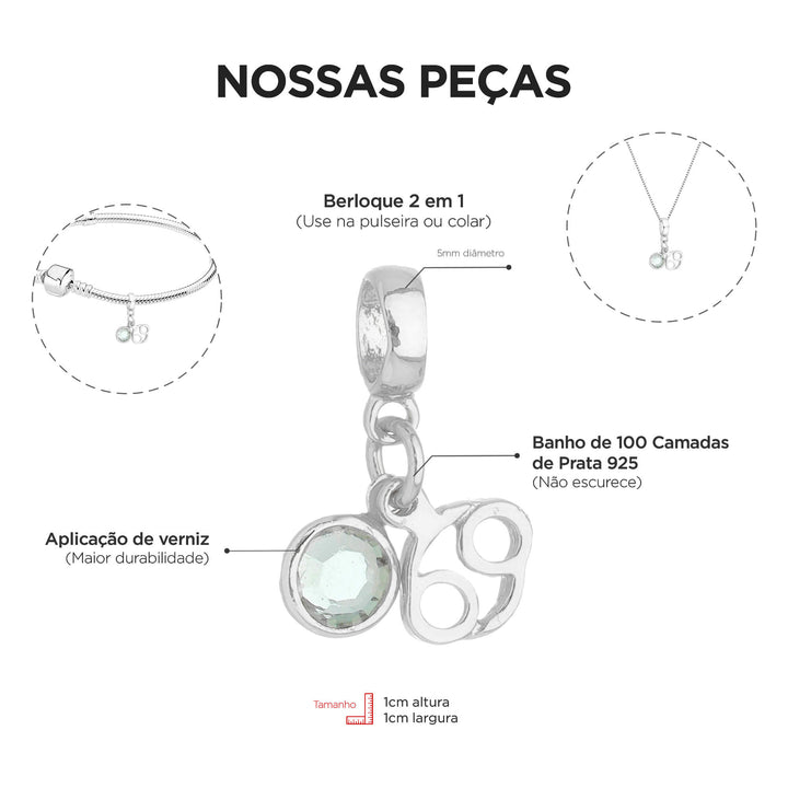 Berloque Signo Câncer prateado — detalhe da peça Work Semijoias