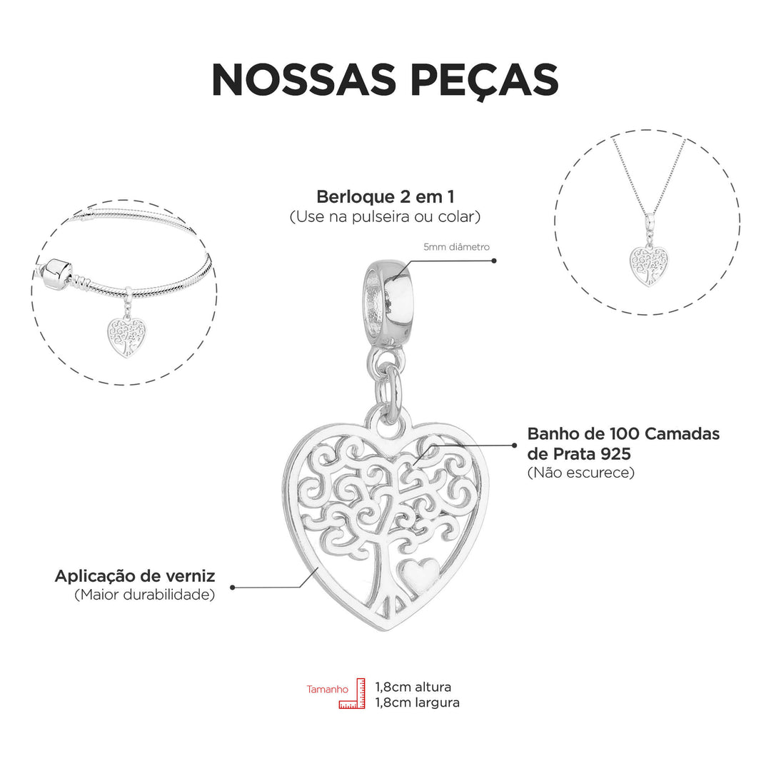 Colar Pingente Árvore da Vida Coração Banhado a Prata 925