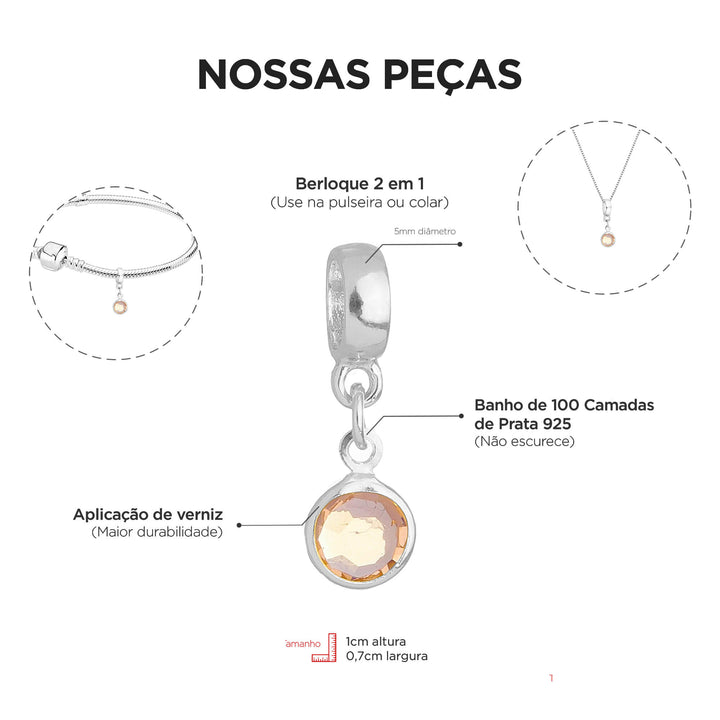 Berloque Cristal Rosa Claro prateado — detalhe da peça Work Semijoias