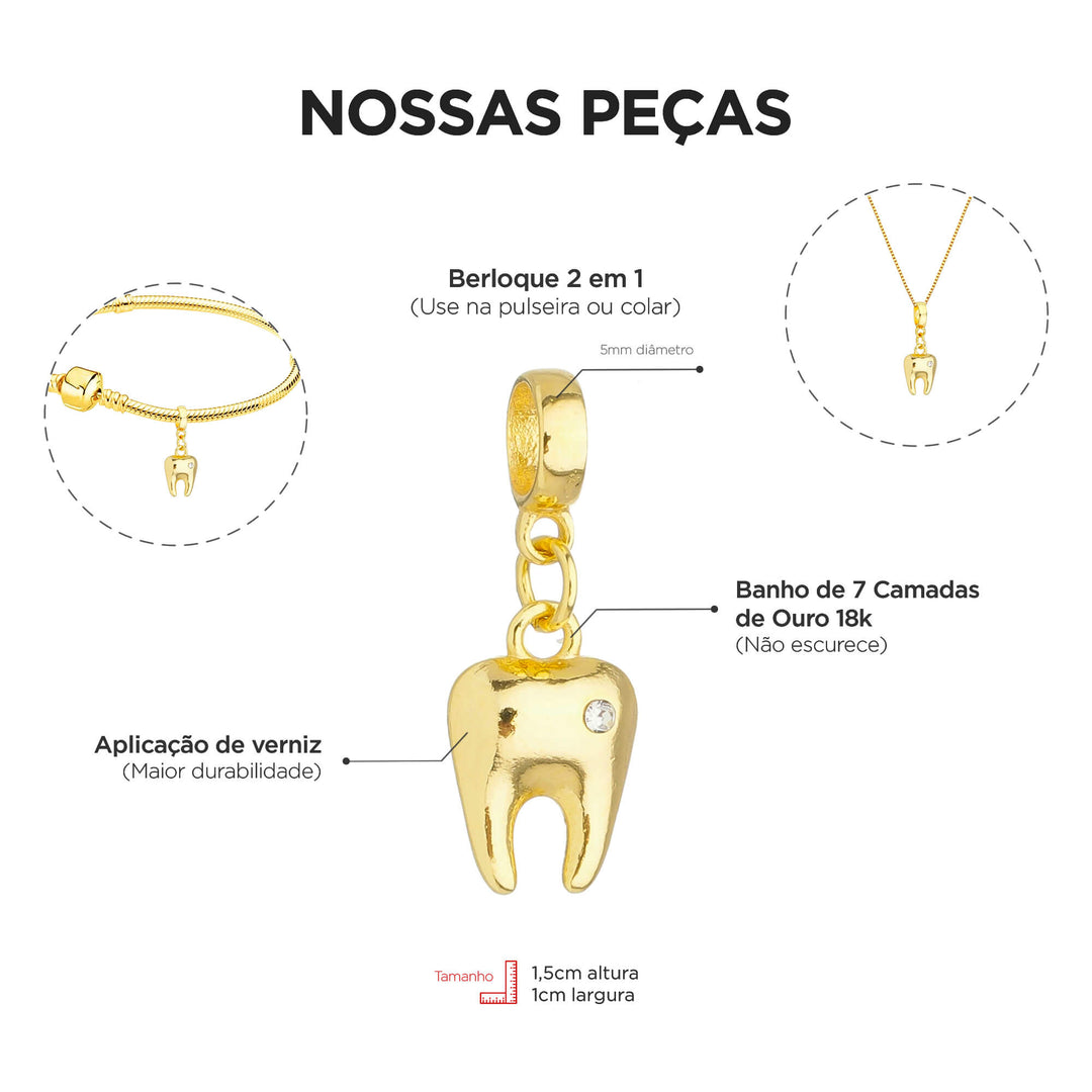 Berloque Dente Odontologia dourado — ângulo lateral semijoia Work Semijoias