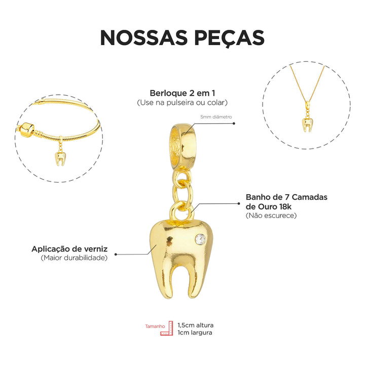 Berloque Dente Odontologia dourado — ângulo lateral semijoia Work Semijoias