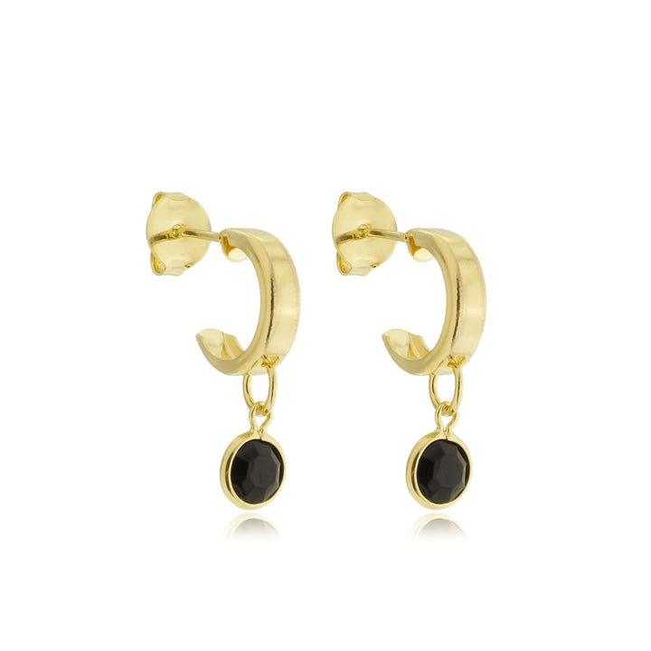 Brinco Meia Argola com Pingente Preto Zircônia dourado semijoia Work Semijoias
