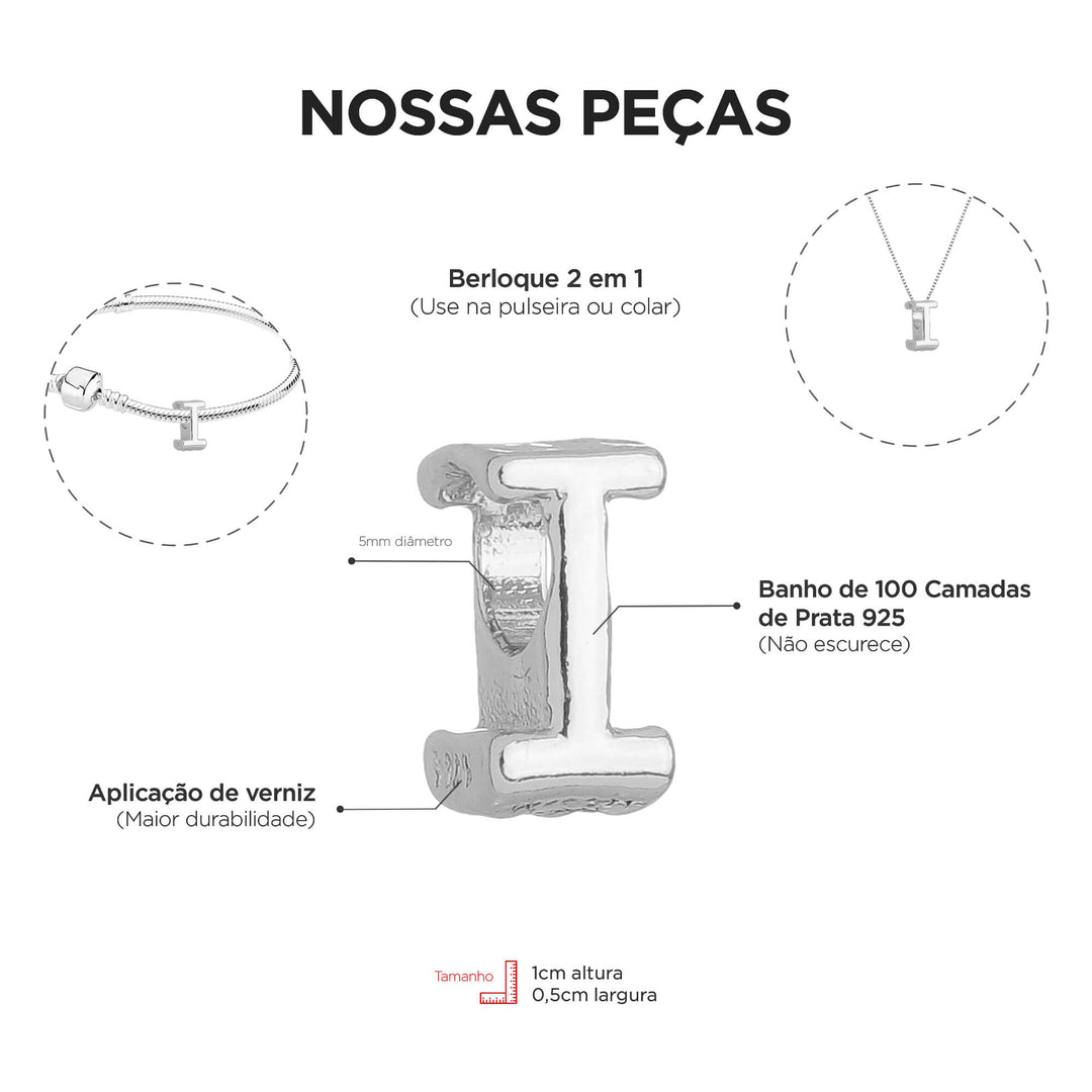 Berloque Letra I separador prateado — detalhe da peça Work Semijoias