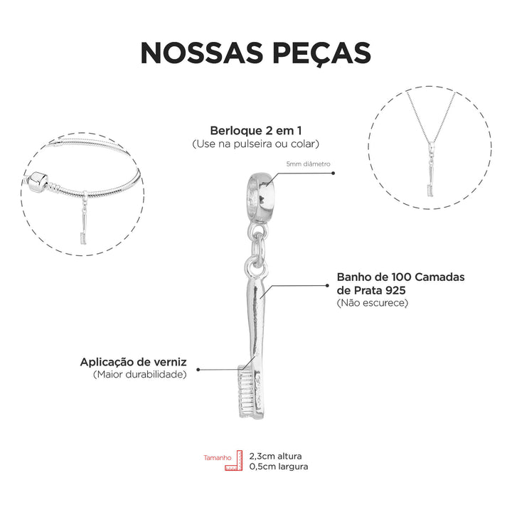 Berloque Escova de Dente prateado — ângulo lateral semijoia Work Semijoias