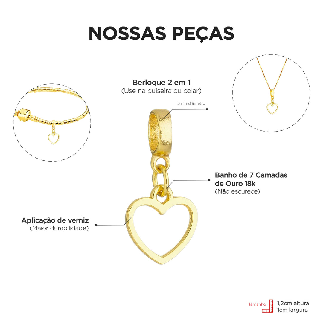 Pulseira Coração Vazado Berloque Banhado a Ouro 18k