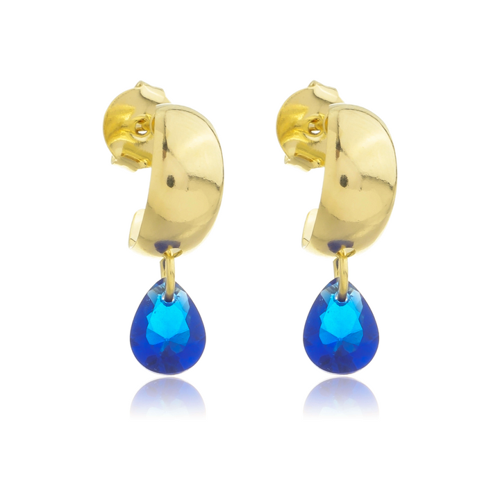 Brinco Meia Argola com Pingente Zircônia Gota Azul dourado semijoia Work Semijoias