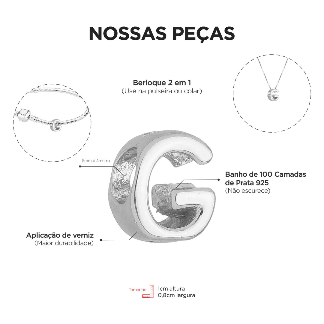 Berloque Letra G Separador Prata 925 — detalhe da letra