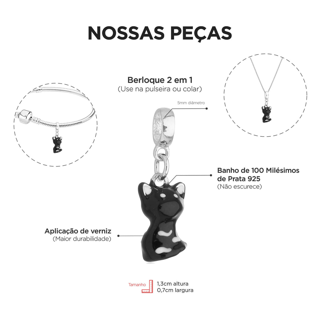Berloque Gato Preto prateado — ângulo lateral semijoia Work Semijoias