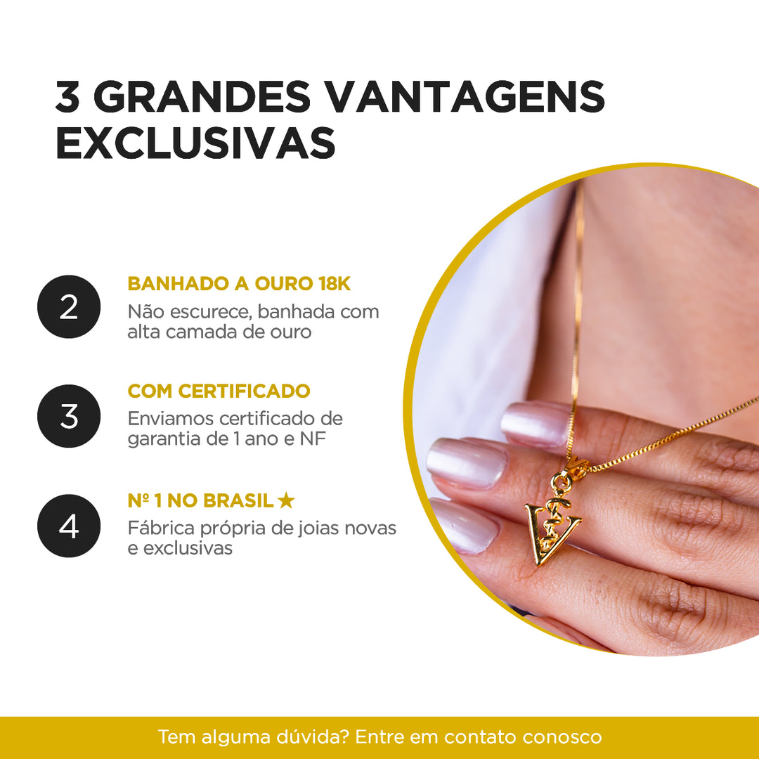 Colar Pingente Letra J Cravejado Banhado a Ouro 18k