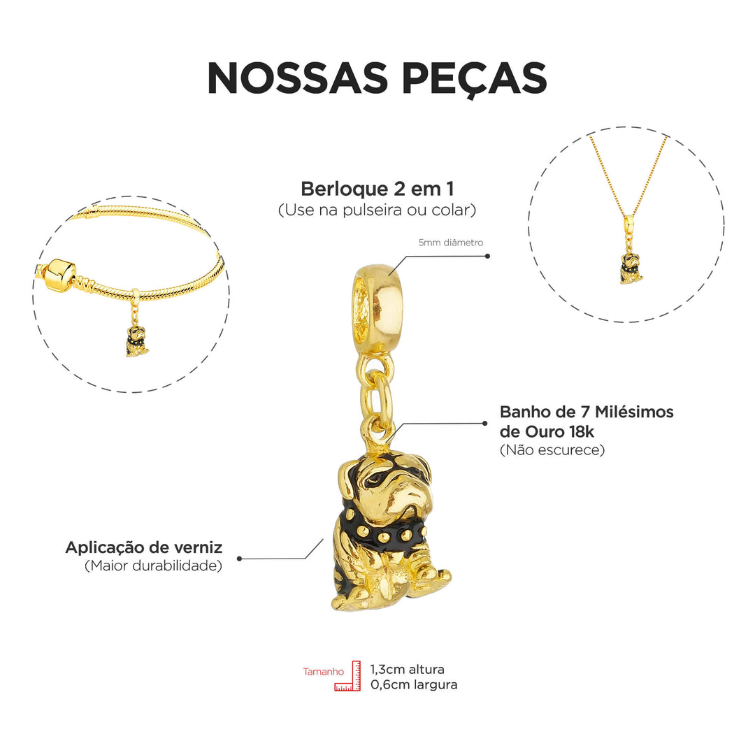 Berloque Buldogue dourado — close-up argola Work Semijoias