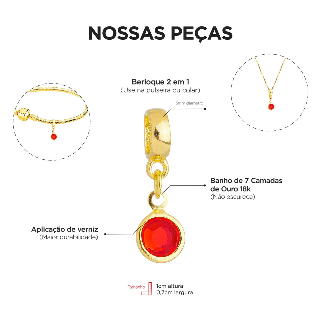 Berloque Cristal Vermelho dourado — detalhe da peça Work Semijoias