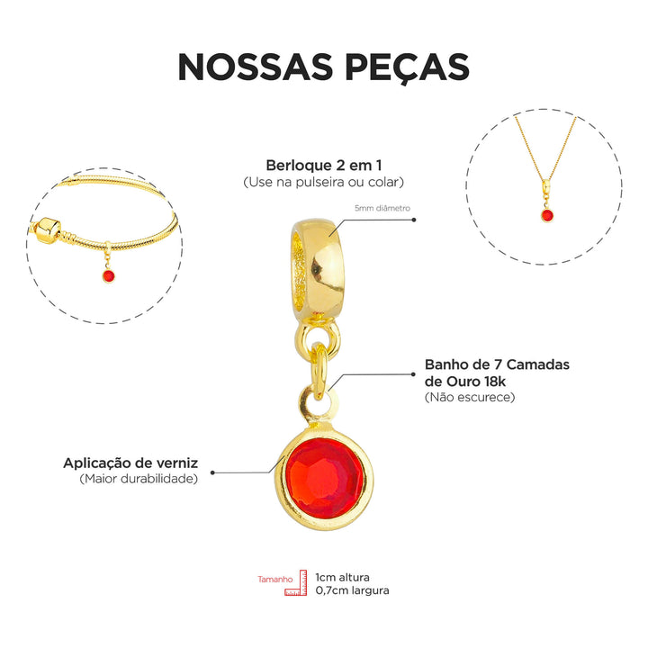 Berloque Cristal Vermelho dourado — detalhe da peça Work Semijoias