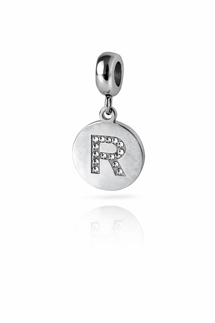 Berloque Medalha Letra R Cravejada Zircônia aço inox semijoia Work Semijoias