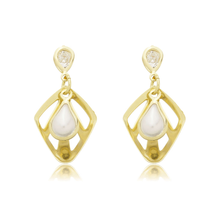 Brinco Oval com Pérola Zircônia Cravejada dourado semijoia Work Semijoias