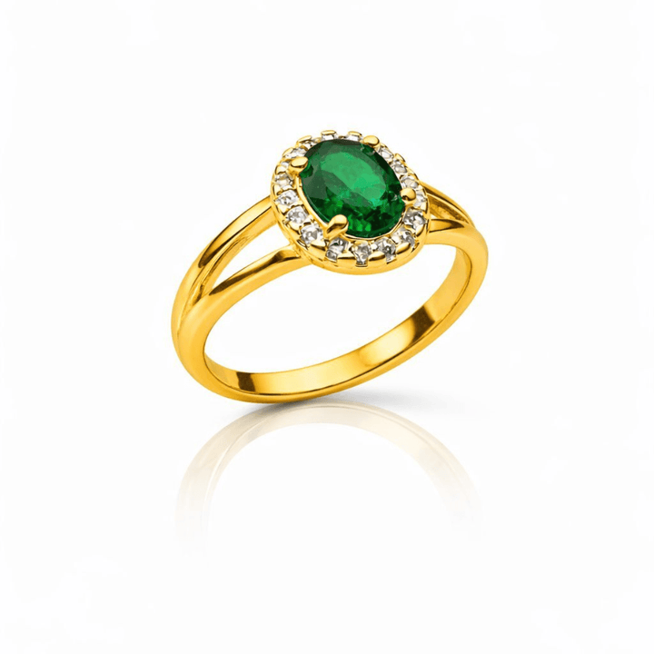 Anel Formatura Cristal Verde Cravejado Zircônia dourado semijoia Work Semijoias